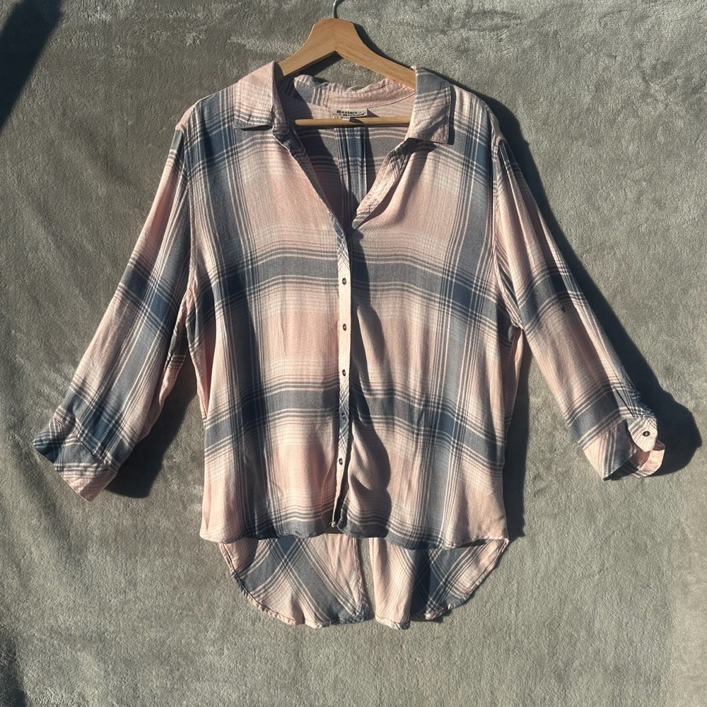Hester Orchard Women’s Pink Gray Plaid Button Up Shirt Oversized Hi Lo Hem Sz XL
